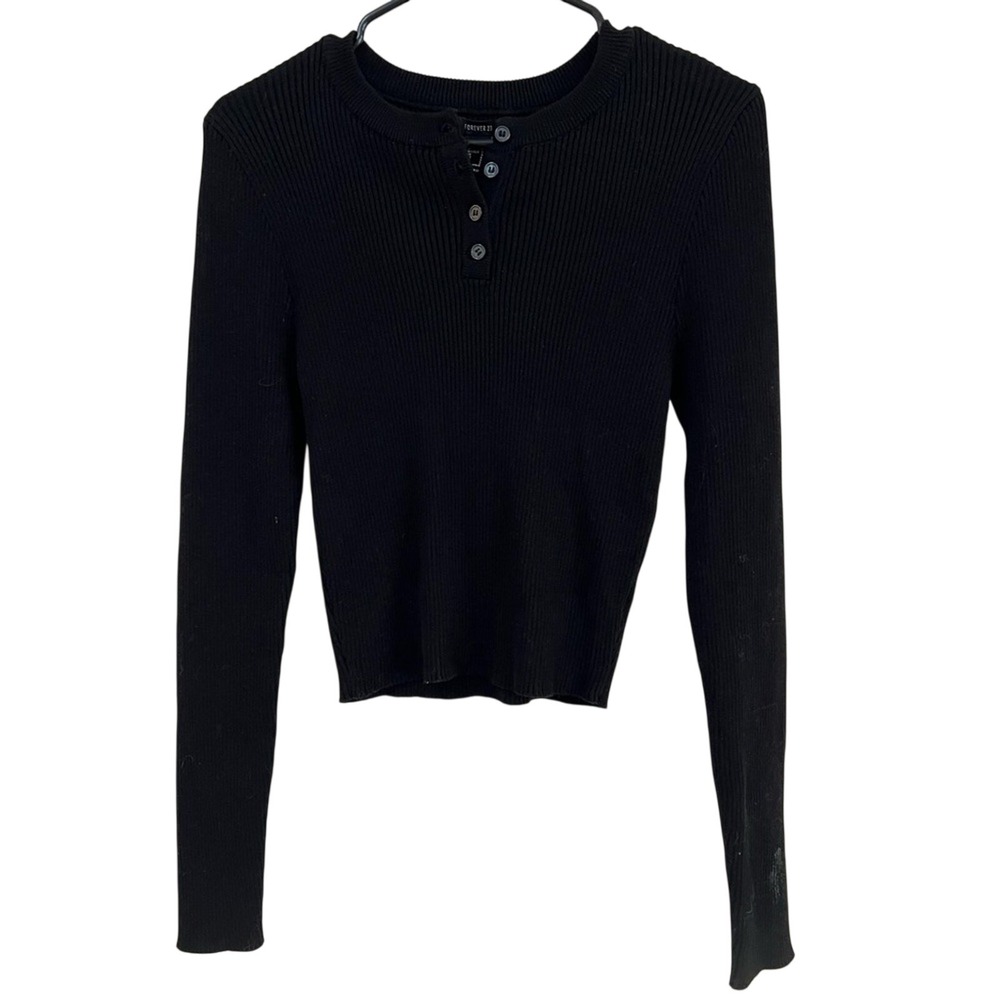 Forever 21 Sweater Womens Large Black Ribbed Cropped Crew Neck Long‎ Sleeve